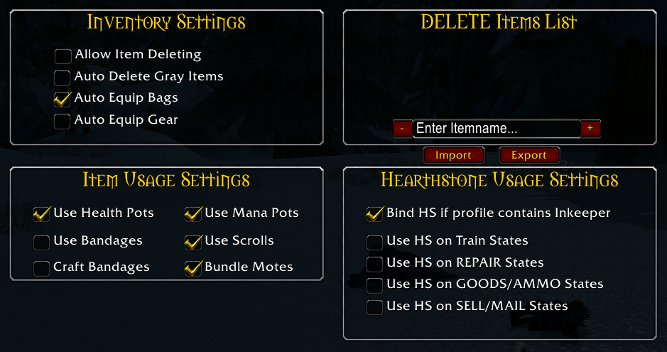 Inventory Settings for WoW Bot